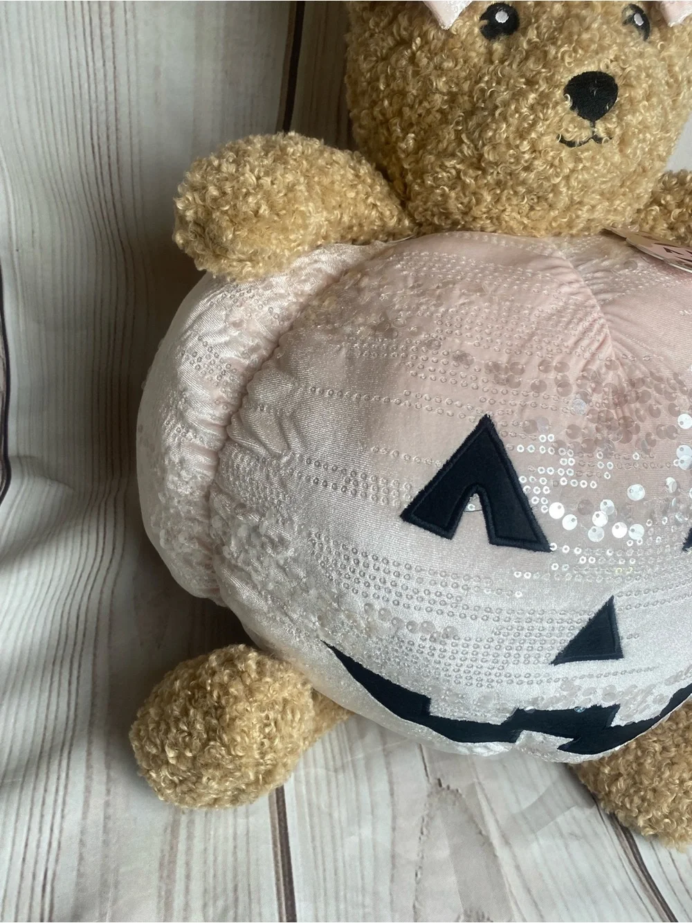 Viral Plush Bear with Pink Sequin Halloween Pumpkin pillow NWT